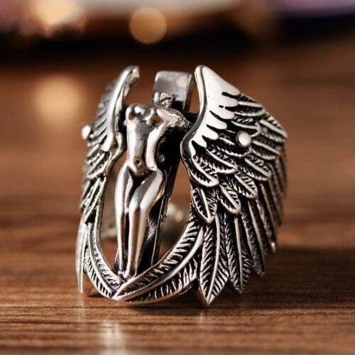 MENGYI Punk Mens Ring Retro Angel Wings Cross Signet Rings for Men Vintage Goddess of Justice Viking Jewelry Gift