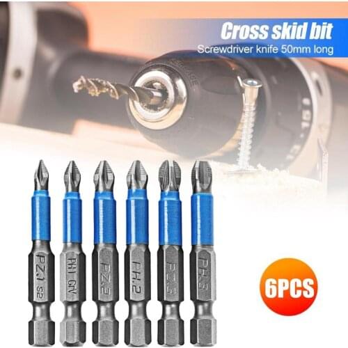 6Pcs Hex Shanked Anti Slip Screwdriver Bits Set Alloy Steel Screwdriver Magnetic Electric Impact PH1/PH2/PH3/PZ1/PZ2/PZ3 50mm