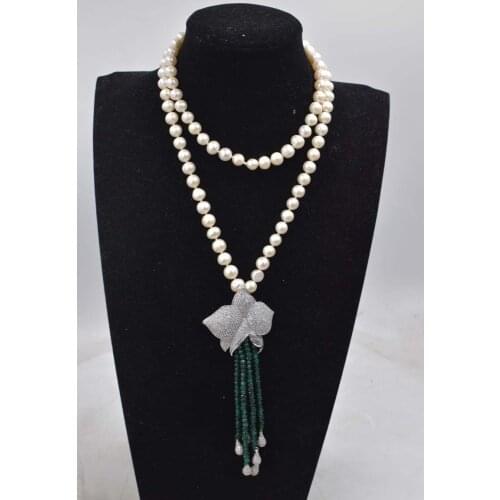 Wholesale freshwater pearl white round 8-9mm and green jades stone tassel beads neklace 35inch