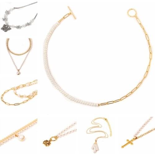 Fashion White Pearl Necklace Gold Metal Chains Chockers Pearl Pendant Necklace for Women Female Jewelry Wedding Gifts Wholesale