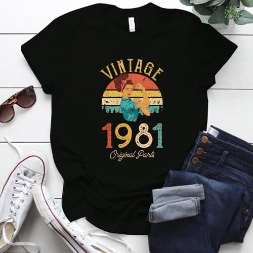 Seeyoushy Vintage 1981 Original Parts Letter Print Women T Shirt Short Sleeve Round Neck Tee Shirt Femme Retro Tops Clothes
