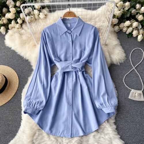 SINGREINY Women Design Blouse Dress Retro Turndown-Collar Single Breasted A-line Dress Autumn Chic Korean Streetwear Short Dress