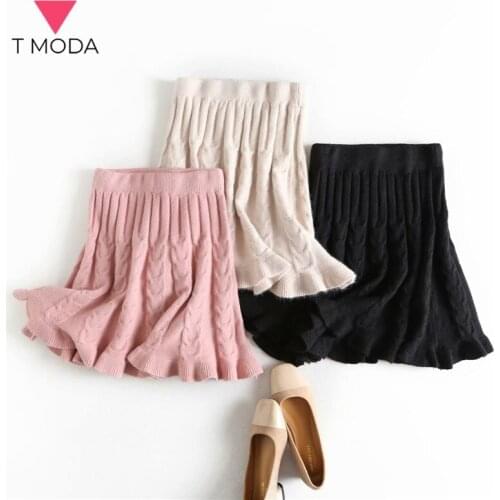 T MODA 2021 Summer Spring Women Knitted Skirt Student Pleated Skirts Female Cute Sweet Girls Lady Knit Harajuku Mini Skirts