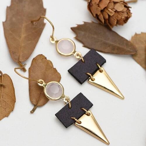 Vintage Alloy Pendant Leather Earrings Creative Geometric Design Delicate Dangle Earrings Women Elegant Senior Texture Jewelry