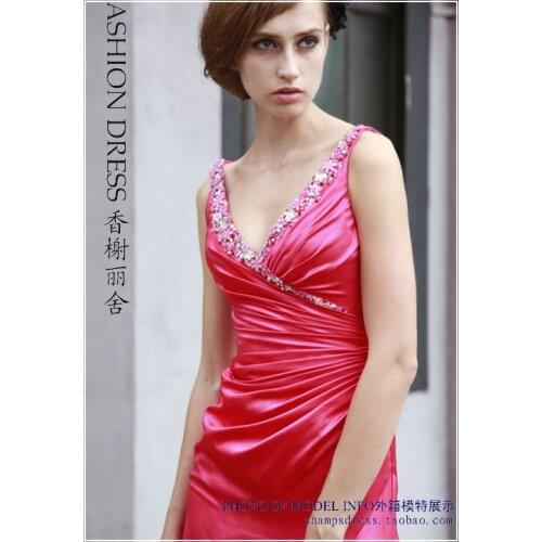 Free shipping fashion vestidos red long satin robe de soiree v-neck crystal formales sexy party Graduation bridesmaid Dresses