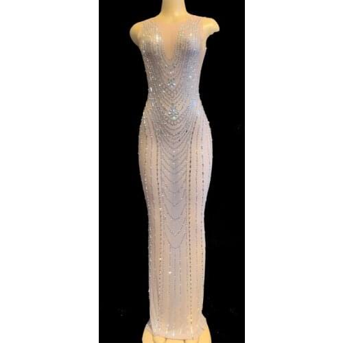 New Women Clothing Transparent Sparkly Stones Cloak Dress Mesh Perspective Evening Costume Birthday Celebrate Dresses