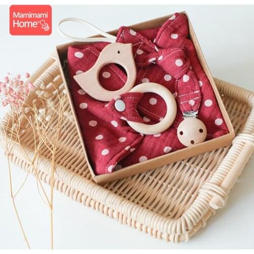 3pc/Set Baby Wooden Teether Pacifier Clip Chain Bandana Bib Burp Cotton Feeding Drool Bib Beech Rodent Wooden Baby Products Gift