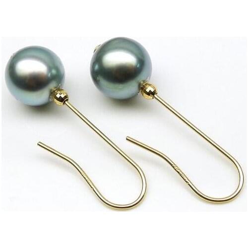 9.3mm Natural Green Genuine Tahitian Pearl Drop Earrings Dangle 14K Yellow Gold