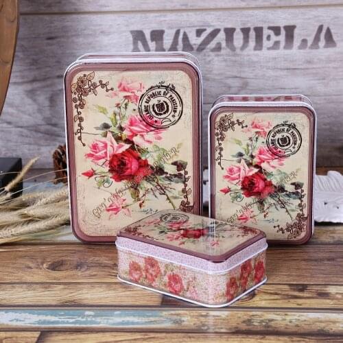 Free Shipping!3pcs/lot Rual Style Rose Flower Stamp Printing Gift Box Tin Storage Case Multi-use Sundries Box Creative Gift Box
