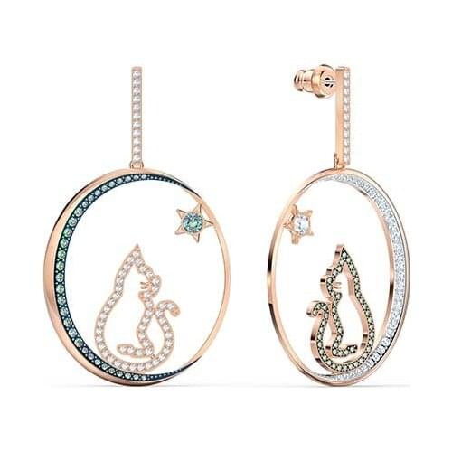 Brand 1:1 Moonlight Two-color Cat Ring Diamond Hollow Contrasting Color Earrings Cute Charm Lady Silver Jewelry