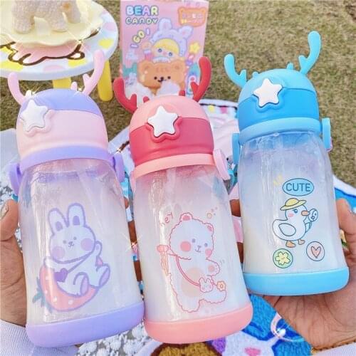 600ml Kawaii Cute Rabbit Milk Water Bottle With Straw Portable Leakproof Frosted Glass Fashion Cute Drinking Cup