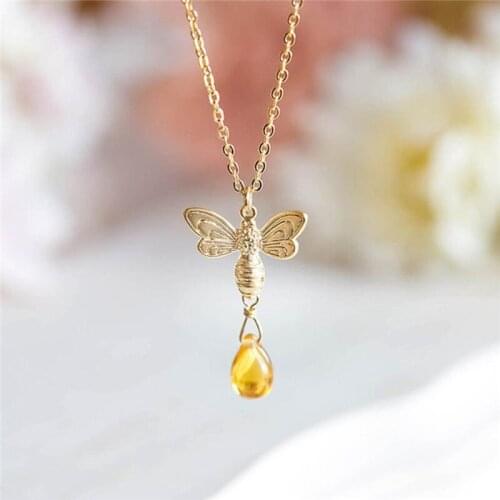 Petite Honey Bee Summer Jewelry Citrine Bee Necklace with Topaz Amber Lover Gift 3D Honeybee Miniature Bumble Bees 2*3cm/46+7cm