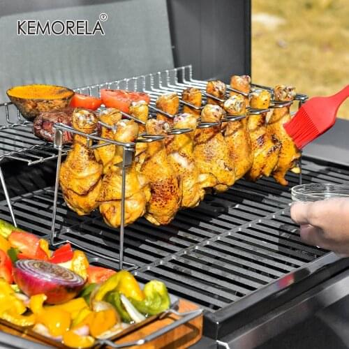 BBQ Chicken Leg Wing Grill Rack Slots Stainless Steel Barbecue Multi-Purpose Drumsticks Smoker Roaster Stand with Drip Pan