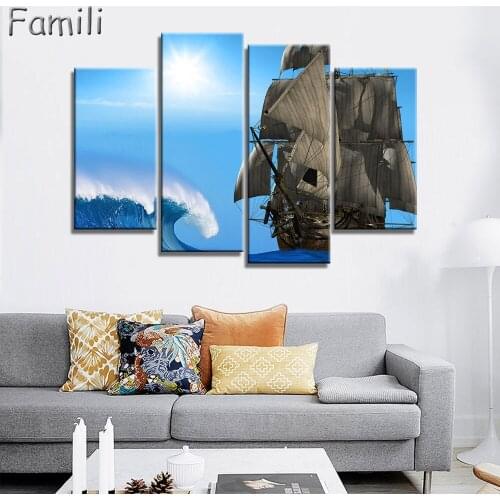 4Pieces sea sailboat Modular pictures Modern Home Decoration Living Room or Bedroom Canvas Printing Photos Art Picture(Unframed)