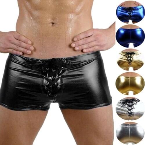 Men Boxers Sex PU Leather Strappy Shiny Metallic Briefs Lingerie Wet Shorts PVC Latex Club Patent Underwear Male Boxers