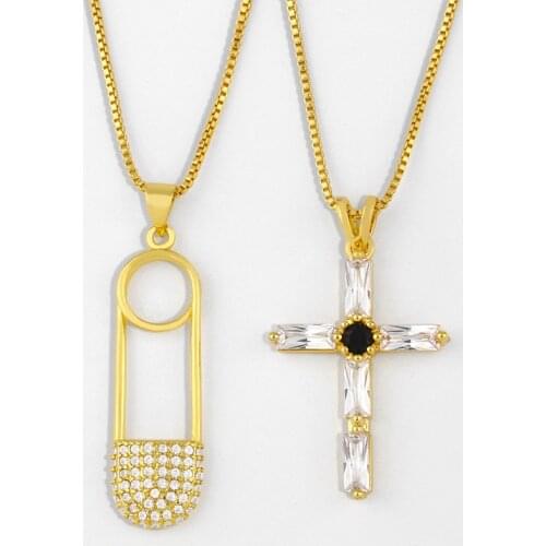 FLOLA Crystal Cross Necklace For Women Stone Gold Chain Safety Pin Pendant Necklace Cubic Zirconia Statement Jewelry Gift nker65