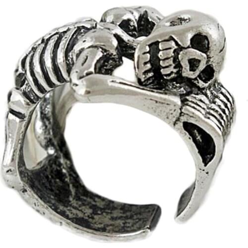 Adjustable Vintage Punk Evil Dragon Skull Ring Men Chunky Copper Alloy Biker Rock Rap Embrace Skeleton Head Ring Gothic Jewelry