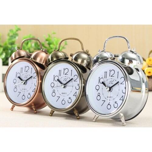 Retro Vintage Silent Pointer Alarm Clock Round Numbers Clock Loud Ringing Alarm Bedside Night Light Home Decor