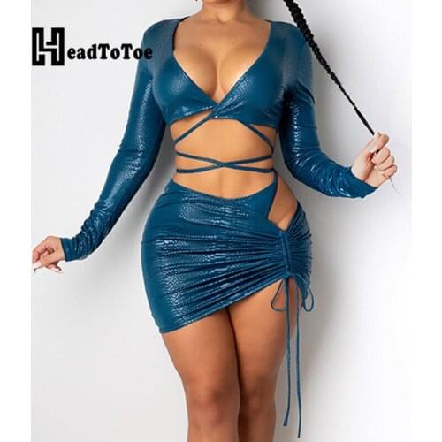 Snake Pattern Lace Up Drawstring Navel Sexy Club Two Piece Outfits Woman Long Sleeve V Neck Above Knee Skinny 2 Piece Set Women