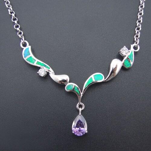 Most Popular Long Necklace Opal Jewelry Silver Plated Women Pendants Necklace with Green Fire Opal Pendant for Women Party Gift