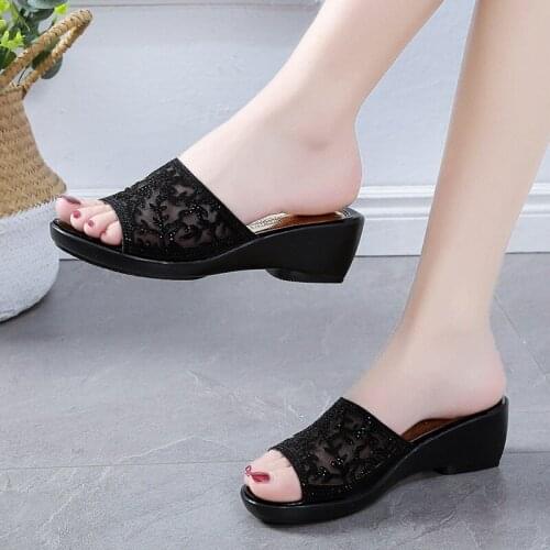 Rhinestone Summer Slippers Wedges Lace Black Gold Mules Shoes Women Casual Comfort Office Slippers Ladies Sandals with Mid Heels