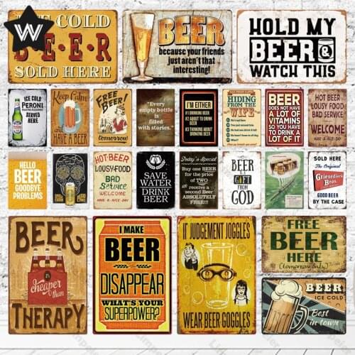 Vintage Wall Art Tin Plate Beer Sold Here Metal Sign Retro Wall Sticker Free Beer Tin Plaque Metal Plate for Club Bar Decoration