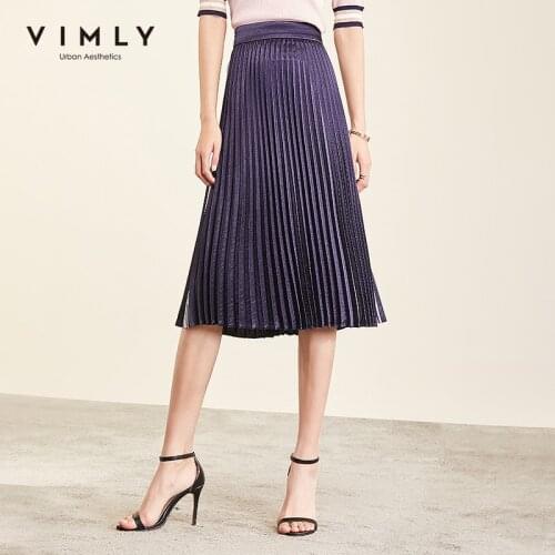 Vimly 2020 Autumn Women Vintage Pleated Skirt Elegant Office Lady High Waist Solid A-line Casual Female Mid Long Skirt 96658