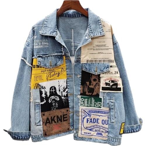 Fashion Asymmetry Patch Design Print Denim Jackets Women Streetwear Korean Outerwear Loose Black Blue Jeans Jacket Coat Female