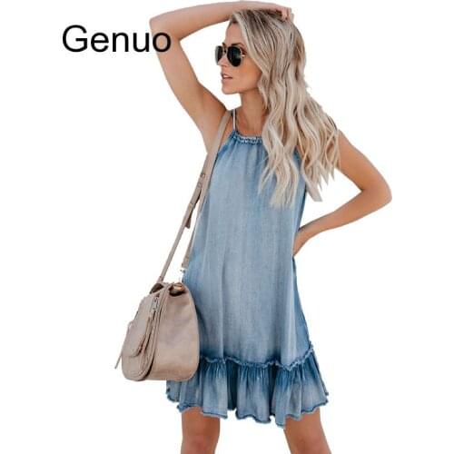 Spring Summer Women Denim Dress Jeans Halter Bandage Elegant Ruffles Dresses Women A-line Sundress Casual Denim Vestido