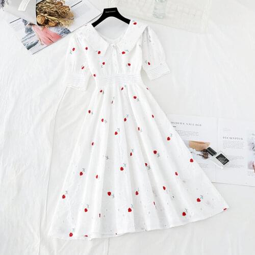 2021 new white cotton hemp Embroidered Baby collar dress womens summer dress floral temperament dress womens dress