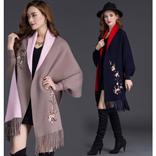 2018 Autumn Winter Plus Size Embroidery Batwing Sleeve Poncho Women Overwear Coat Floral Cloak Cardigans Sweater With Tassel