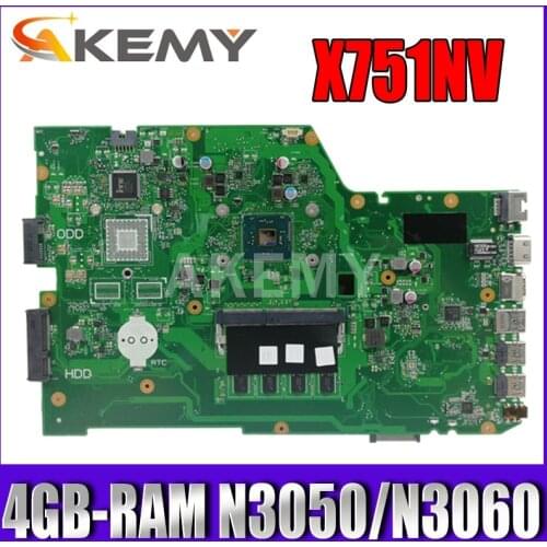 Akemy X751NV original mainboard for ASUS X751NA X751N Laptop motherboard X751NV mainboard with 4GB-RAM N3050 / N3060