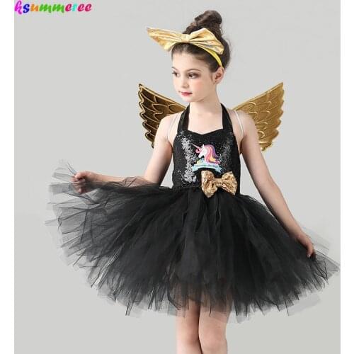 Black Sequins Girls Unicorn Tutu Dress Child Birthday Party Pony Unicorn Costume Outfit Kids Halloween Dress Up Carnival Dress