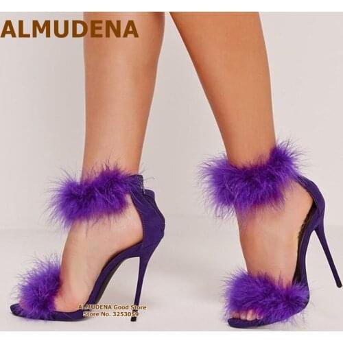 ALMUDENA Purple Red Suede Fur Sandals Stiletto Heels Cute Fluffy Dress Pumps Young Grils Wedding Shoes Nice Footwear Size46