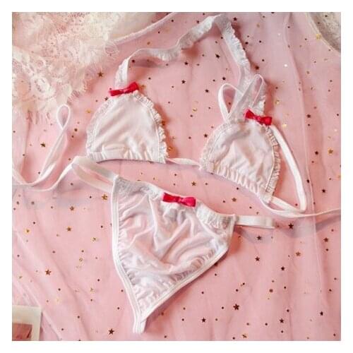 Sexy Womens Lingerie 2PCS Set Bra & T-back G-string Panties Shimapan Bows Tie Bikin Cute Exotic Apparel Color White & Black