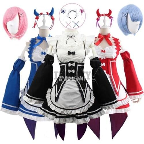 Ram/Rem Cosplay Re:zero Kara Hajimeru Isekai Seikatsu black blue red Costume Maid Servant Dress