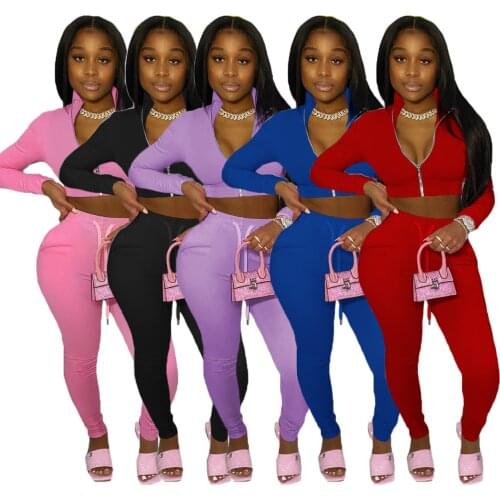Solid Two Piece Suit Sporty Workout Zipper Up Long Sleeve Crop Tops and Drawstring Jogger Leggings Fitness Tracksuit Streetwear