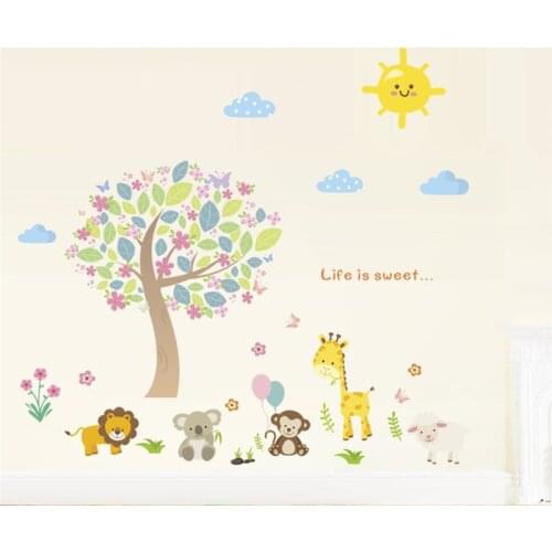 Cute Animals Colorful Tree Wall Stickers For Kindergarten Kids Room Home Decoration Cartoon Monkey Elephant Mural Art Pvc Decals