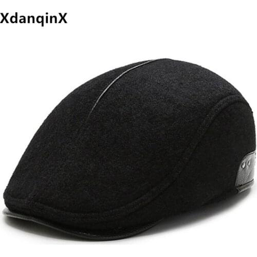 XdanqinX Mens Winter British Vintage Berets New Casual All-match Warm Woolen Hat Retro Brand Snapback Dads Thermal Earmuff Cap