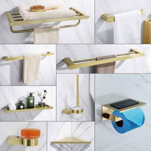 Bathroom Hardware Set Towel Rack Paper Holder Towel Bar Corner Shelf Toilet Brush holder Brushed Golden Bathroom Accessories Set
