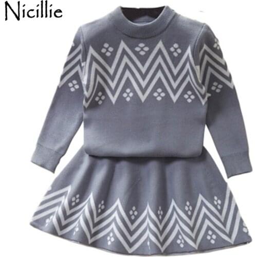 Nicillie Children Princess Clothing Sets Winter Party Girls Elegant Knitted Clothing Suits Kids Sweater and Skirt 2Pcs Outfits