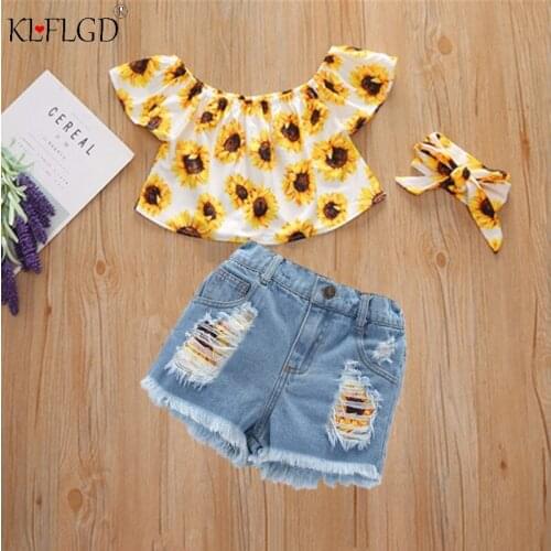 New girls' print one word shoulder Pullover Denim Shorts Set Girls' tie dye top hole pants bow strap 0-6 years old summer