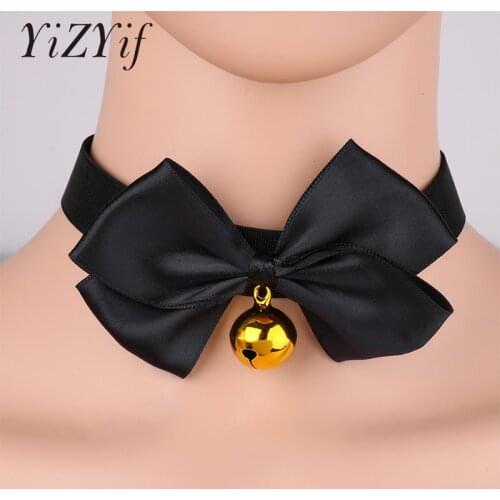 Bow Tie Neck Choker Collar Necklace with Bell Adjustable Soft Ribbon Bow Bell Sexy Bow Knot Small Bell Collar Choker Role play