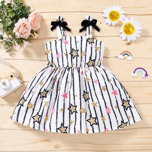 Infant Baby Girls Dress Star Stripe Printed Summer Princess Dress Bowknot Sleeveless Suspender Casual Dresses Newborn Clothing