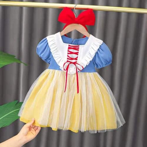 2021 Dresses Apricot Color Princess Bow Belt Short Sleeve Kids Clothes Girls Summer Dress Korean Style Casual Birthday Dress
