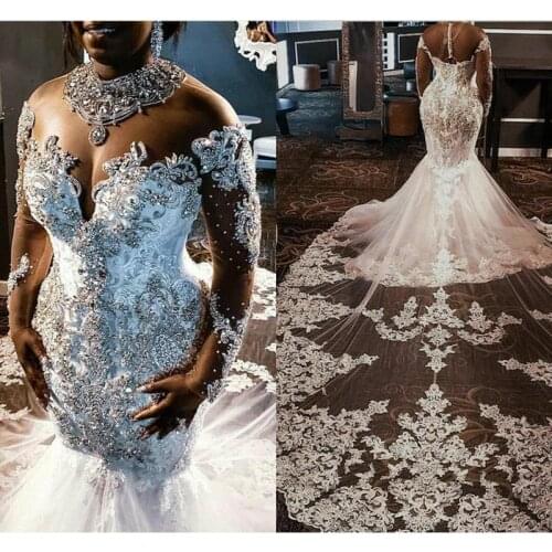 Sheer Long Sleeves Lace Mermaid Wedding Dresses 2023 Lace Applique Beaded Crystals Wedding Bridal Gowns Custom Made