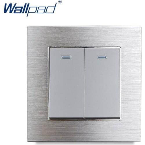 Silver 2 Gang 1 Way Wallpad Luxury Wall Light Switch Indicator Brushed Satin Metal Panel Push Buttons Switches Interrupteur