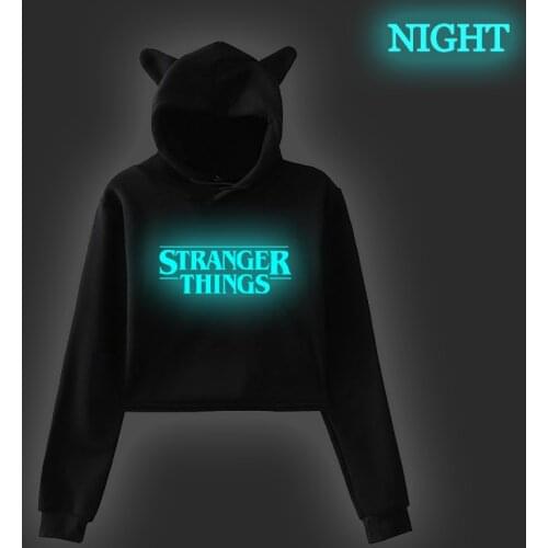 Stranger Thing Luminous Korean Hoodie Womens Sweatshirts Crop Winter Tops Female Pink Cat Ear Spring Autumn Pink Black Clothing