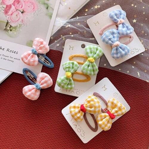 2 pcs/set Bow-knot Childrens Hairpin Cute Grid Headclips Princess Lattice Cloth Baby Hair Accessories Korean Style Headdress