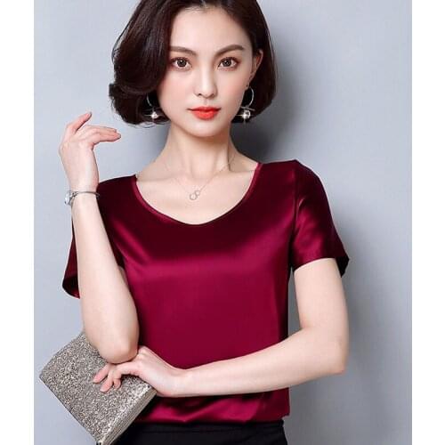 Imitate Silk Women Summer Style Blouses Shirts Lady Elegant Casual Short Sleeve Blusas Tops DD1826